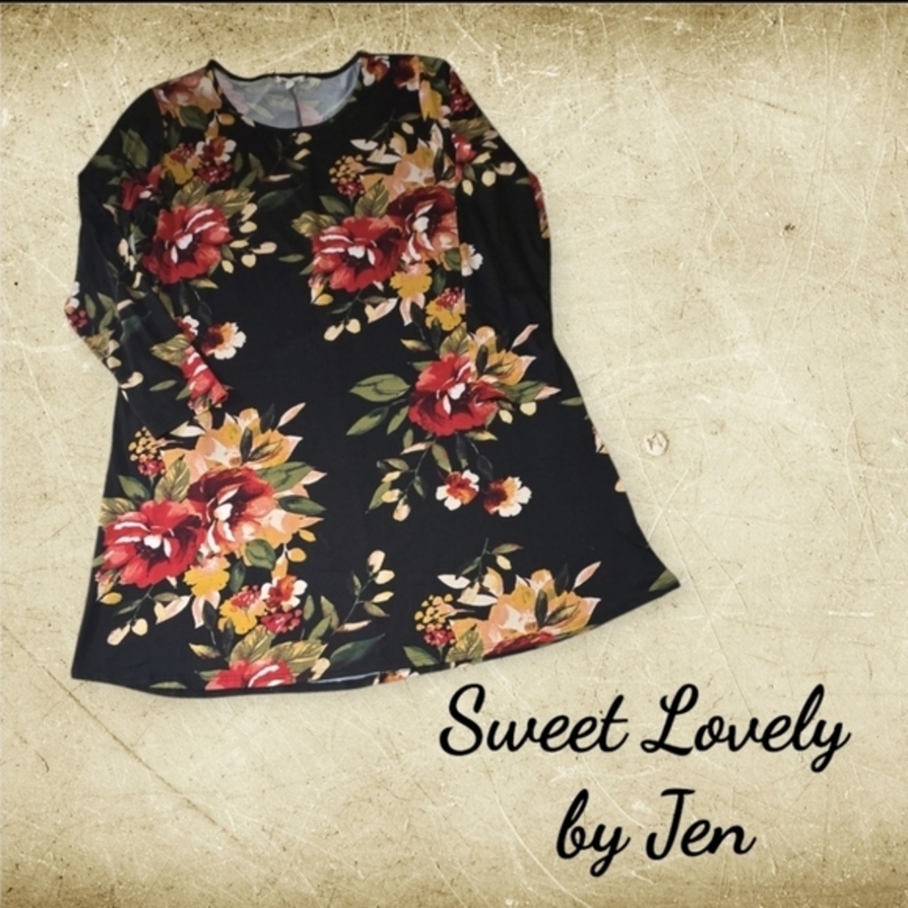 Sweet‎ Lovely Boutique Long Sleeve Midi Dress LBD Dark Floral XL